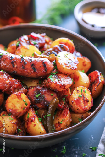 Barbecue grilled potatoes and sausages served on a plate