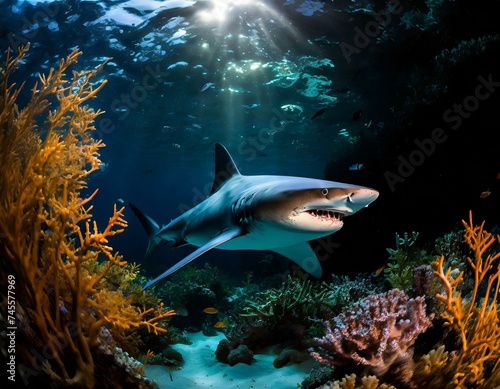 underwater scene with a powerful shark swimming amidst coral reefs