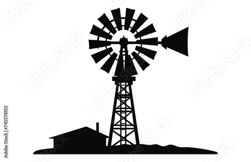 Vintage Old Farm Windmill black Silhouette Vector