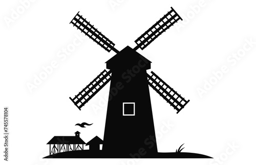 Old Farm Windmill Silhouette vector isolated on a white background