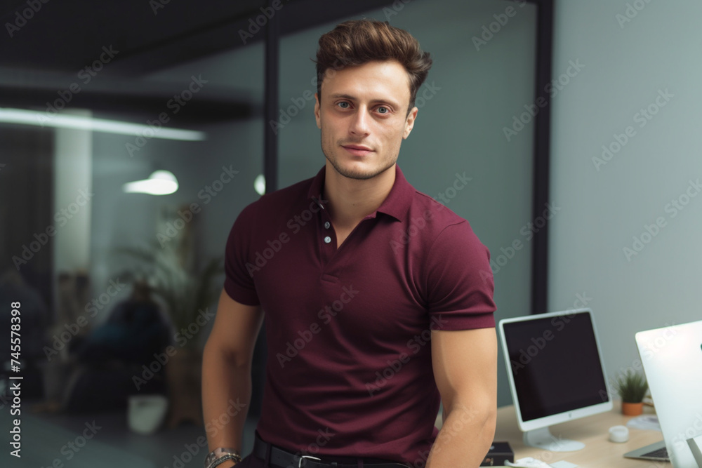 Casually dressed caucasian guy posing in offic Casually dressed caucasian guy posing in offic
