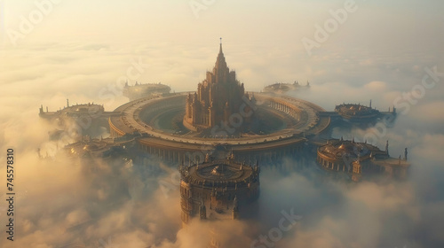 Laputa flying castle in the form of the Moscow Kremlin  modern art  outstanding style  majestic landscape