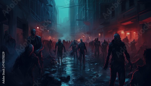 zombie crowd walking at night,halloween