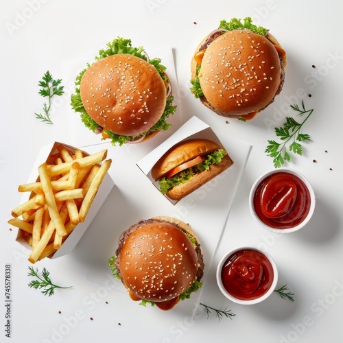 Three Hamburgers and Fries With Ketchup