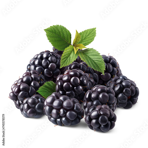 Blackberries pile with Blackberry leaves on the floor, Healthy organic berry natural ingredients concept, AI generated, PNG transparency with shadow
