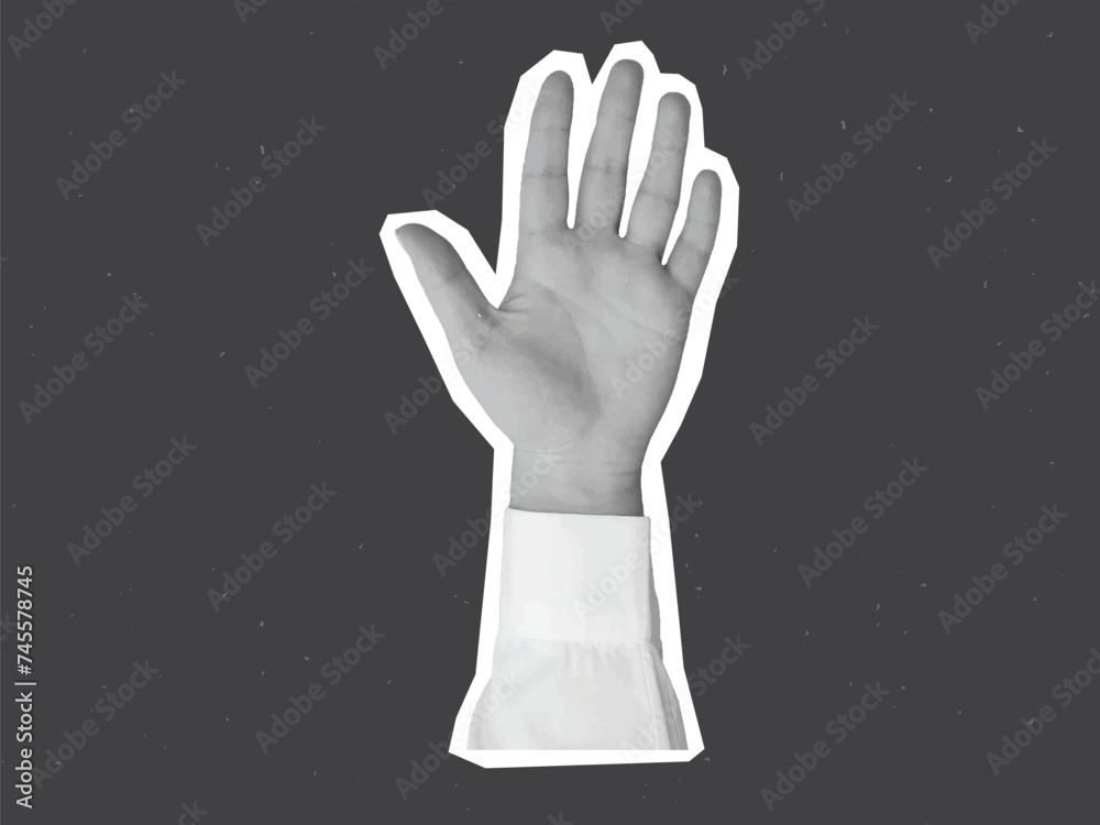 Fototapeta premium Black and white hand in a white shirt with an open palm - element for collage. Vector illustration