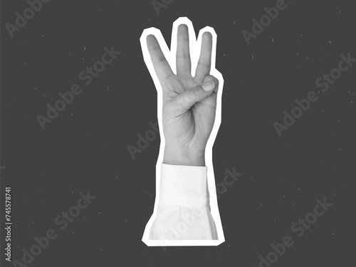 Black and white hand in a white shirt shows three fingers - element for collage. Vector illustration