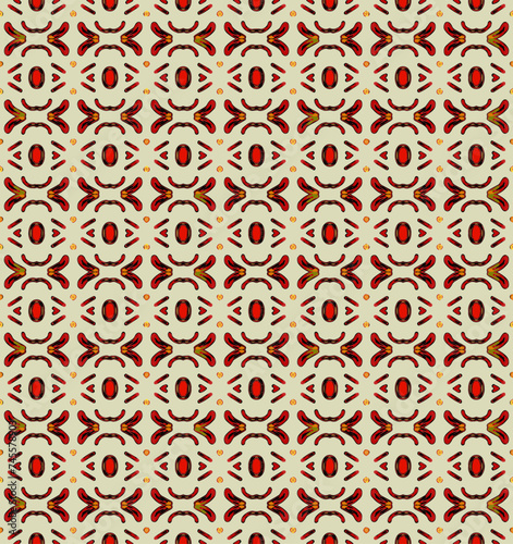Seamless pattern of colored geometric elements on isolated beige background. Abstract colorful texture. Indian pattern