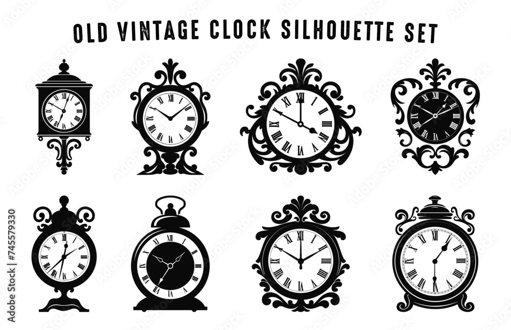 Vintage Clock Silhouette Vector Set, Old decorative clock Silhouettes black Clipart Collection - obrazy, fototapety, plakaty 