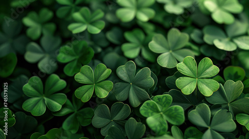 Transform your space for St. Patrick's Day with this themed backdrop featuring lush green shamrock leaves. AI generative.