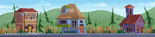 Abandoned village street with old houses. Vector cartoon illustration of shabby suburban houses with broken glass in windows, boarded doors, cracked roof, poor town, fir trees on green hills, blue sky