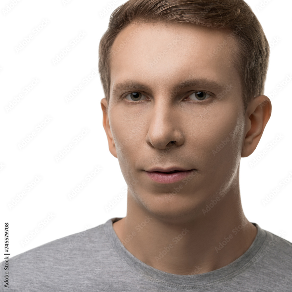 Fototapeta premium Resolute man in gray t-shirt isolated portrait
