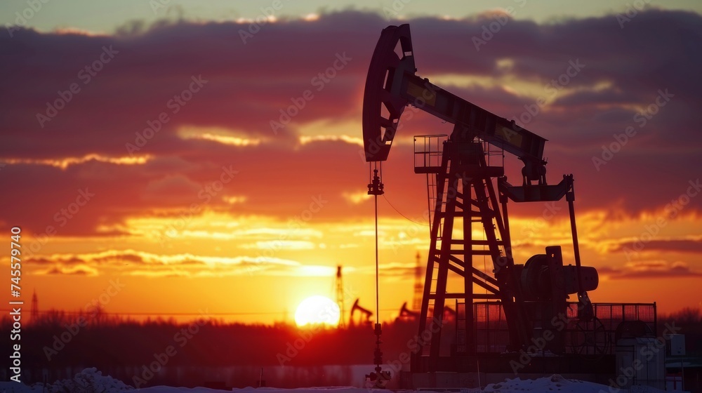 Industrial Silhouette of Oil Pump Against Setting Sun