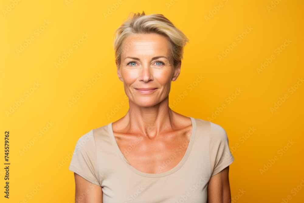 Portrait of senior woman with short blonde hair on yellow background. Portrait of senior woman with short blonde hair on yellow background.