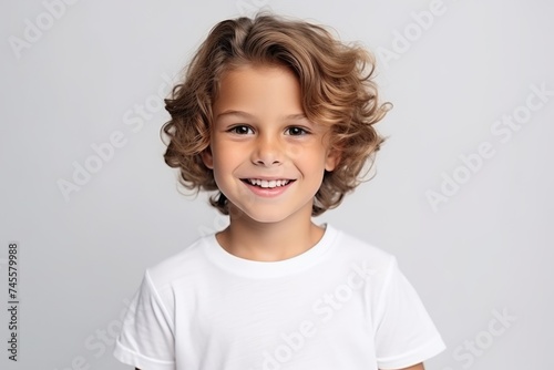 portrait of a cute little boy with curly hair on grey background