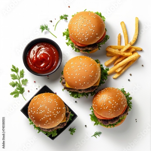 Three Hamburgers With Fries and Ketchup on a White Surface