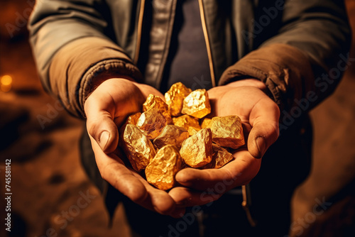 Top view miner holds gold palm, concept mining ora industry.