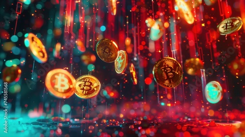 colorful style,Many golden cryptocurrency coins random fly on the air in the middle of image