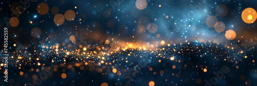   Abstract blue bright light glittering bokeh blur background abstract background with Dark blue and gold particle, Christmas background, holiday concept for festive 