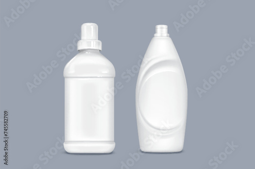 Mockup of bottle with gel or liquid detergent with lid. Realistic 3d vector illustration set of blank white plastic container with household chemicals. Laundry and cleaning product package