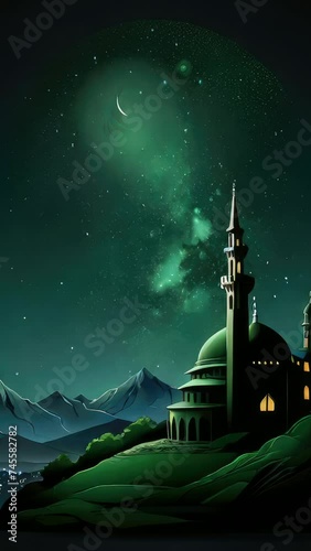 mosque silhouette with bima sakti and shooting stars for social media and stories. seamless looping time-lapse virtual video animation background photo