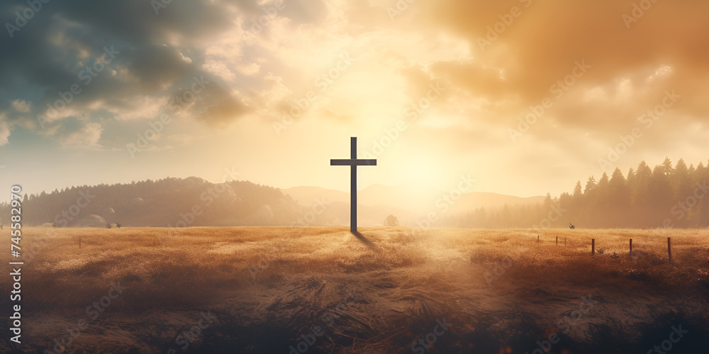 Silhouette of cross on hill against sky Christianity emblem - obrazy, fototapety, plakaty 