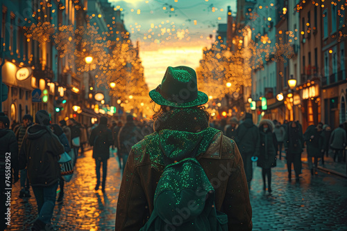 Man celebrates St. Patrick's Day in a leprechaun hat at a street festival. View from the back