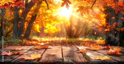 A Sunset Soiree with Wooden Plank and Orange Leaves Adorning the Autumn Table. Made with Generative AI Technology