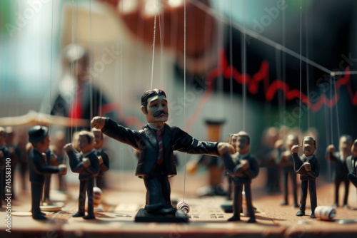 Visualize a puppeteer controlling puppets on a stock board symbolizing the manipulation of markets