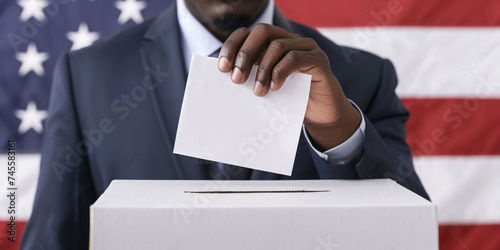 President governmental election giving your voice voting concept. African-American hand man putting their vote in the ballot box with the USA the United Stated flag on background