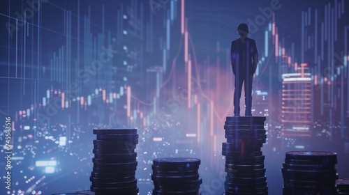 businessman standing on top of stacks of gold coins.