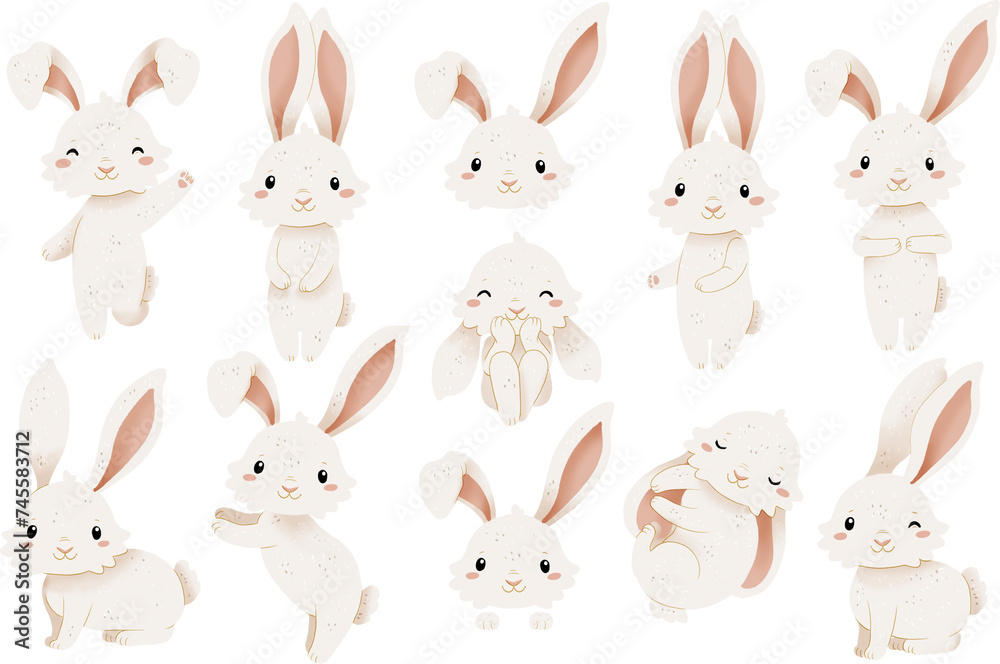White spring bunny clipart. Cute easter character.  Cute hare or rabbit illustrations. Transparent background
