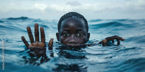 African-American boy drowning sinking kid child in sea water asking for help with raised arm. Trapped emotions depicted or love problems overpressure human in danger natural disaster sos concept
