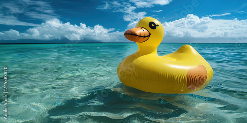 Vacation travel holiday experience with kid child concept. Inflatabe yellow rubber duck toy floating In sea ocean water with sunset sunrise on background. Empty space place for text, copy paste