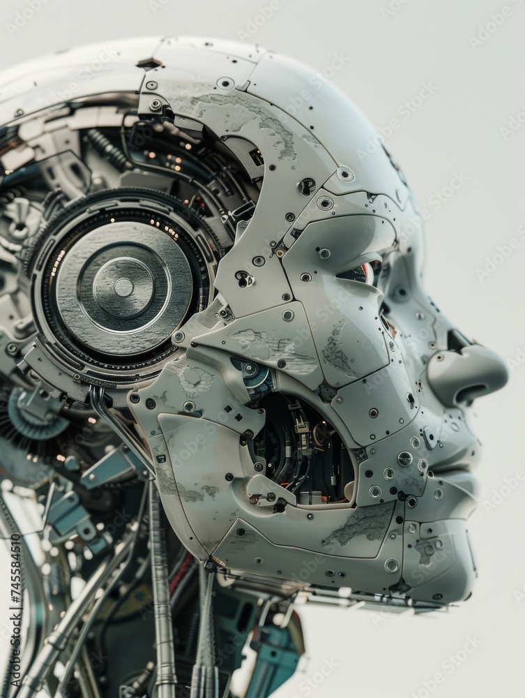 Grey mechanical being at the edge of transformation where robotics and bionics merge into a new form of life Grey mechanical being at the edge of transformation where robotics and bionics merge into a new form of life