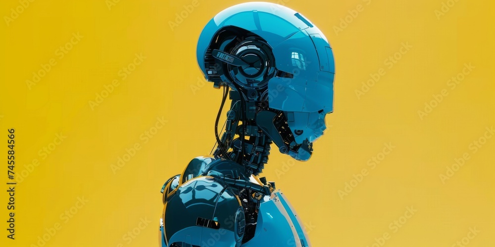 Minimalist duel of technology a robot in blue against a yellow digital backdrop symbolizing contrast Minimalist duel of technology a robot in blue against a yellow digital backdrop symbolizing contrast