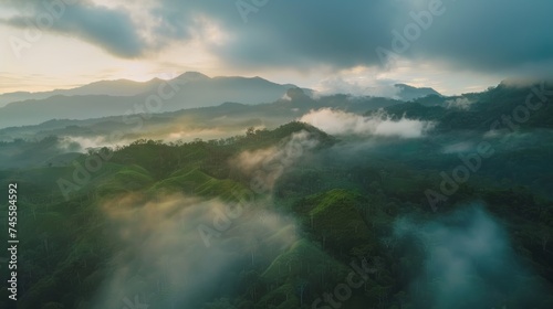 With the first light of dawn  mist-covered mountains are embraced by a warm glow from the rising sun  creating a tranquil and majestic early morning tableau that fills the heart with peace and wonder.