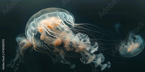 Mysterious marine ballet where creatures like jellyfish and squid emit pulsating glows revealing the oceans hidden beauty