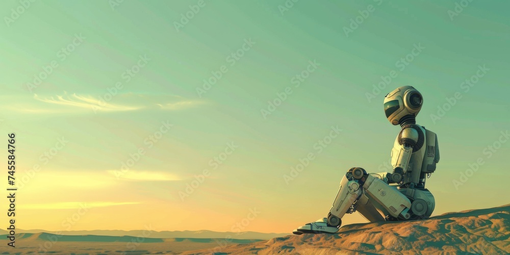 Under a sky blending blue and yellow a minimalist robot contemplates the vastness of technologys reach Under a sky blending blue and yellow a minimalist robot contemplates the vastness of technologys reach