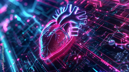 Digital heart rhythm pulsing through a cybernetic trek surrounded by eco friendly neon lights and quantum mysteries