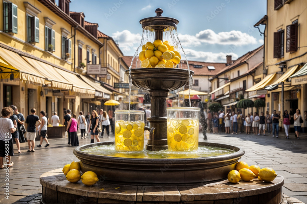 A water fountain with yellow lemons and lemon juice in glasses inside it. The water is flowing down and creating a refreshing atmosphere. - obrazy, fototapety, plakaty 