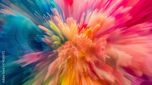 Experience the breathtaking realism of a color explosion up close  where blurred backgrounds of pink  blue  red  green  and yellow come alive in a dark and abstract.