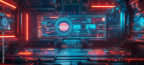 A cyberpunk-themed cockpit with advanced HUD technology, illuminated by neon lights showcasing intricate designs and data displays. © Valeriy