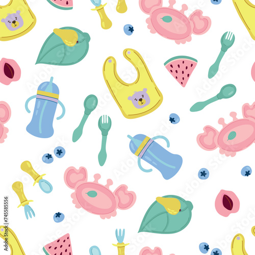 Seamless pattern with children's dishes. Design for fabric, textiles, wallpaper, packaging.	
