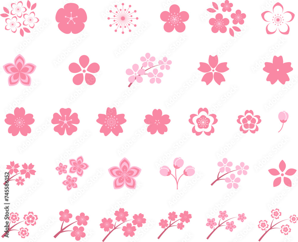 Pink cherry blossoms branch icon. Japanese Sakura flower. Cherry branch with pink sakura. Flowers, plants, spring, cute, etc. Vector. 