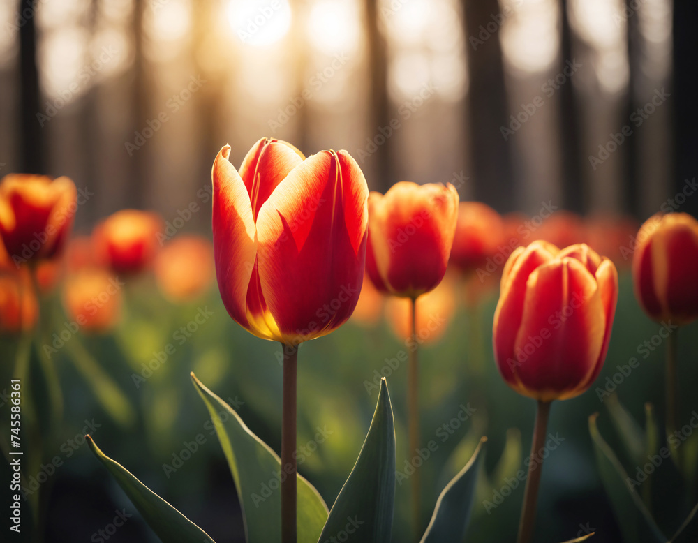 Fototapeta premium Red tulips against the backdrop of trees.
