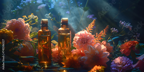 Aromatic Oil Bottle Surrounded by Flowers