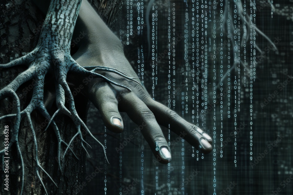 Illustrate the intersection of a hand and a binary code tree ...