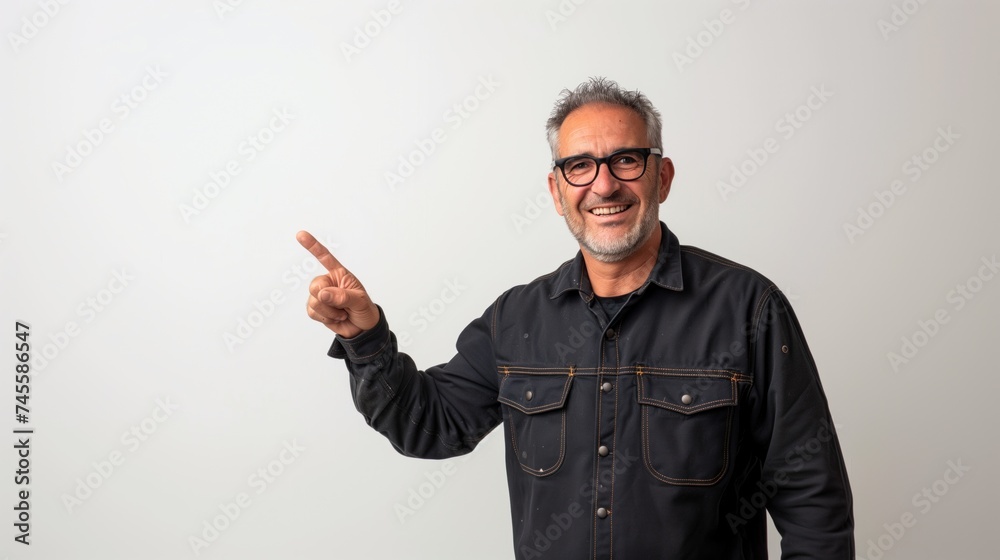 Smiling middle-aged man in construction worker uniform wearing glasses on a plain white background With a friendly and kind demeanor And he held out his index finger. Smiling middle-aged man in construction worker uniform wearing glasses on a plain white background With a friendly and kind demeanor And he held out his index finger.
