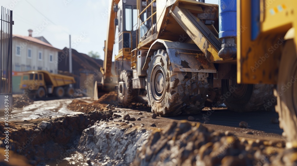 Obraz premium The arm of a large loader Shoveling soil in a construction area Improve the soil surface.